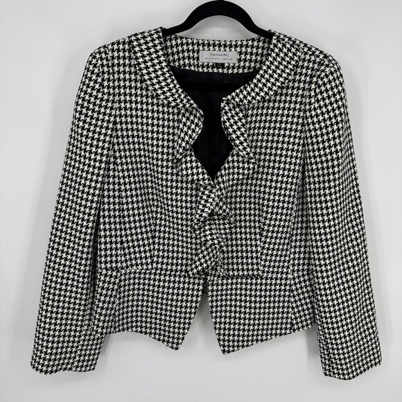 Tahari Houndstooth Plaid Tweed Blazer Jacket 16 Womens Ruffle Trim Black Cream - Picture 1 of 7